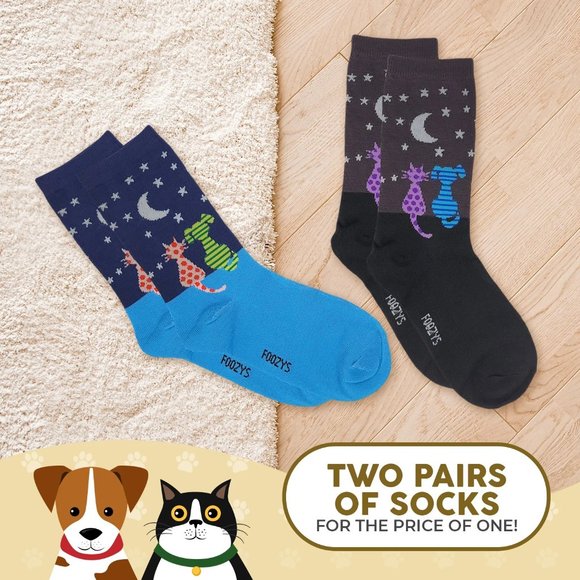 Cat Dog Stargazing Stars Kitten Puppy Animal Women's Foozys 2 Pairs Socks 9-11 - Picture 4 of 5